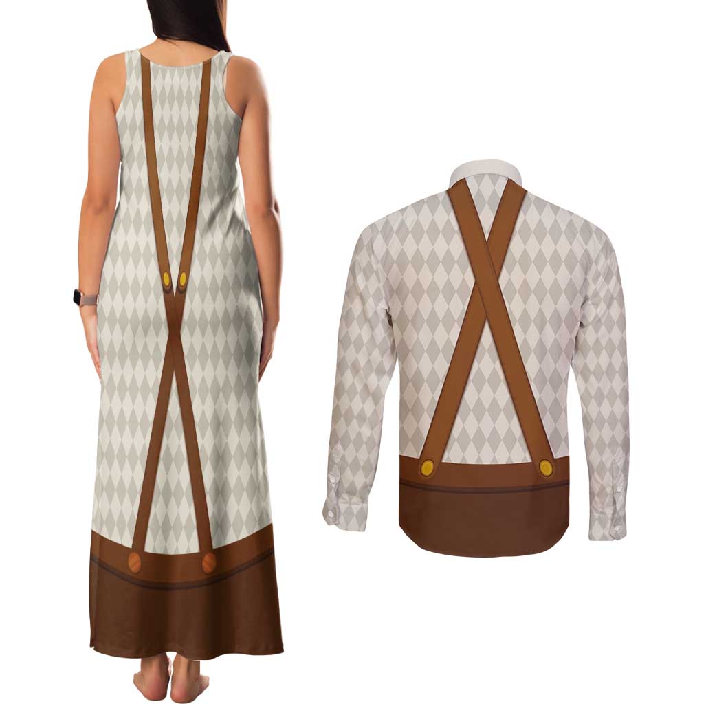 Traditional German Costume - Lederhosen and Soft Pretzel Couples Matching Tank Maxi Dress and Long Sleeve Button Shirt Old Vintage Bavarian Pattern