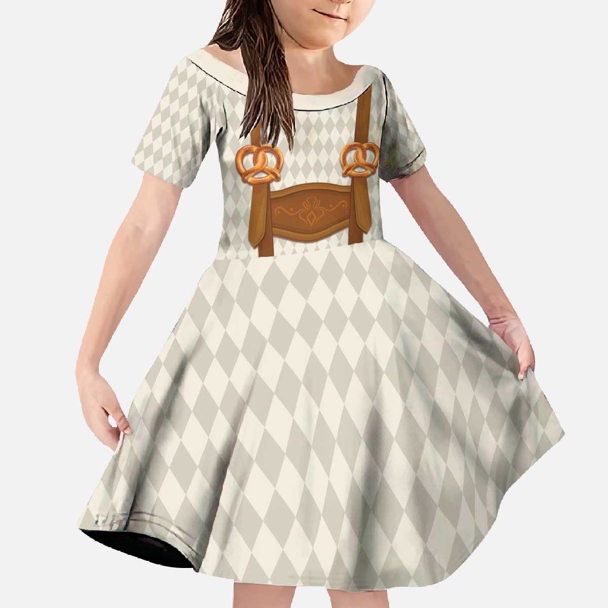Traditional German Costume - Lederhosen and Soft Pretzel Family Matching Off The Shoulder Long Sleeve Dress and Hawaiian Shirt Old Vintage Bavarian Pattern
