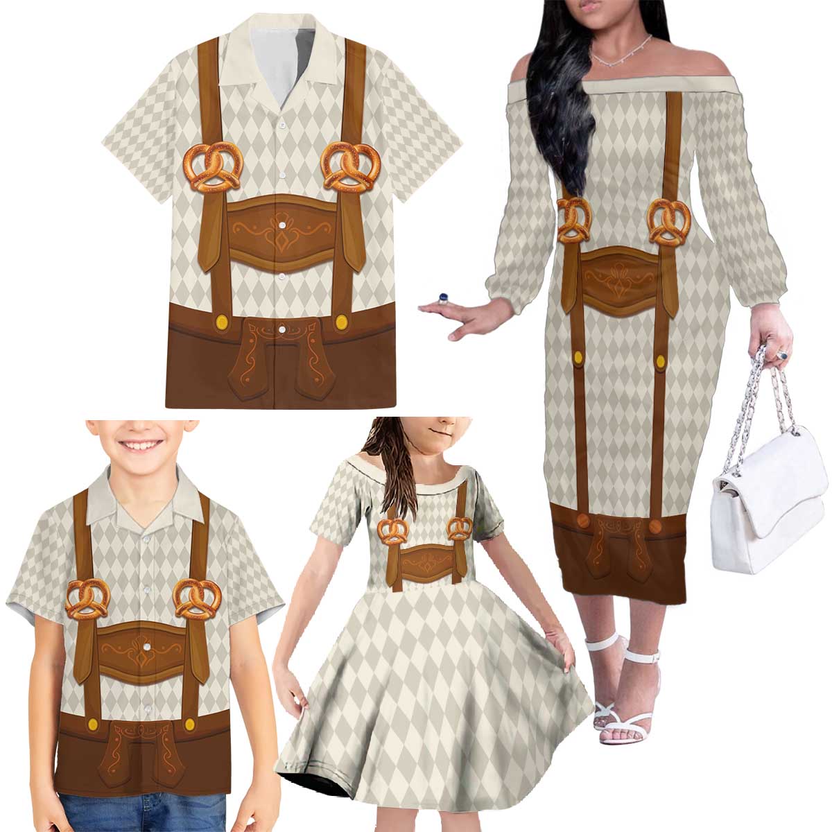 Traditional German Costume - Lederhosen and Soft Pretzel Family Matching Off The Shoulder Long Sleeve Dress and Hawaiian Shirt Old Vintage Bavarian Pattern