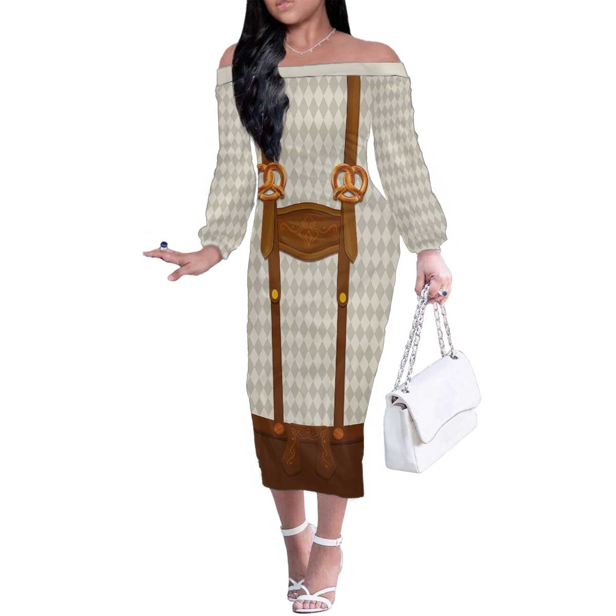 Traditional German Costume - Lederhosen and Soft Pretzel Family Matching Off The Shoulder Long Sleeve Dress and Hawaiian Shirt Old Vintage Bavarian Pattern