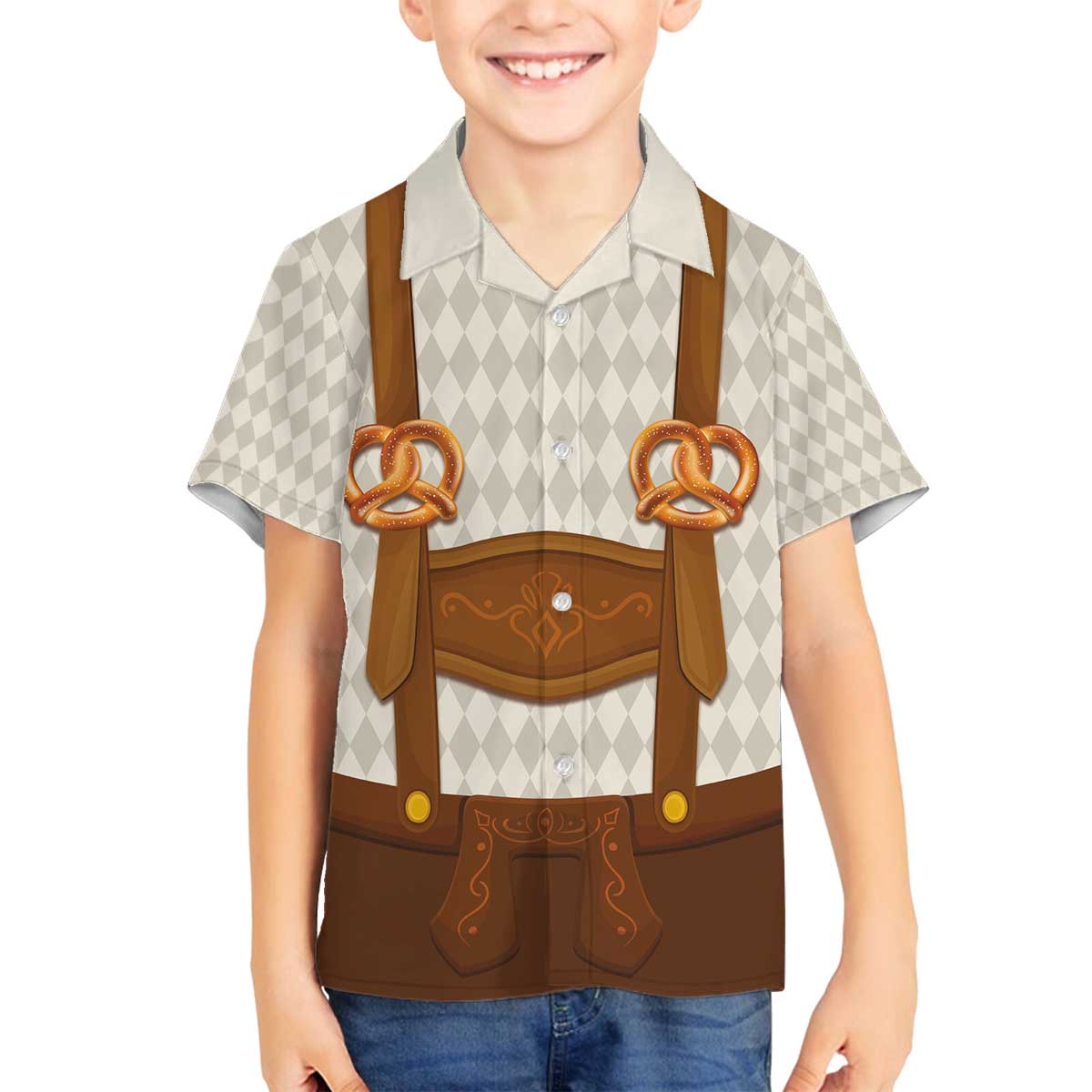 Traditional German Costume - Lederhosen and Soft Pretzel Family Matching Off The Shoulder Long Sleeve Dress and Hawaiian Shirt Old Vintage Bavarian Pattern