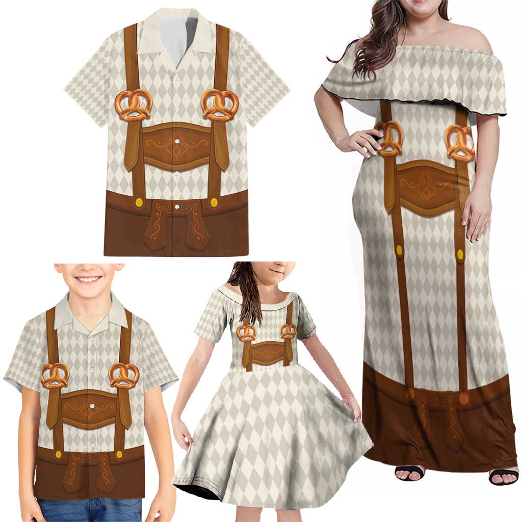 Traditional German Costume - Lederhosen and Soft Pretzel Family Matching Off Shoulder Maxi Dress and Hawaiian Shirt Old Vintage Bavarian Pattern