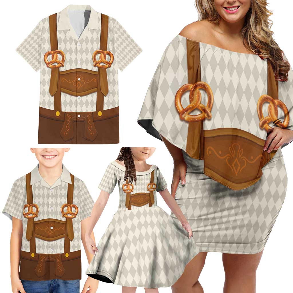 Traditional German Costume - Lederhosen and Soft Pretzel Family Matching Off Shoulder Short Dress and Hawaiian Shirt Old Vintage Bavarian Pattern