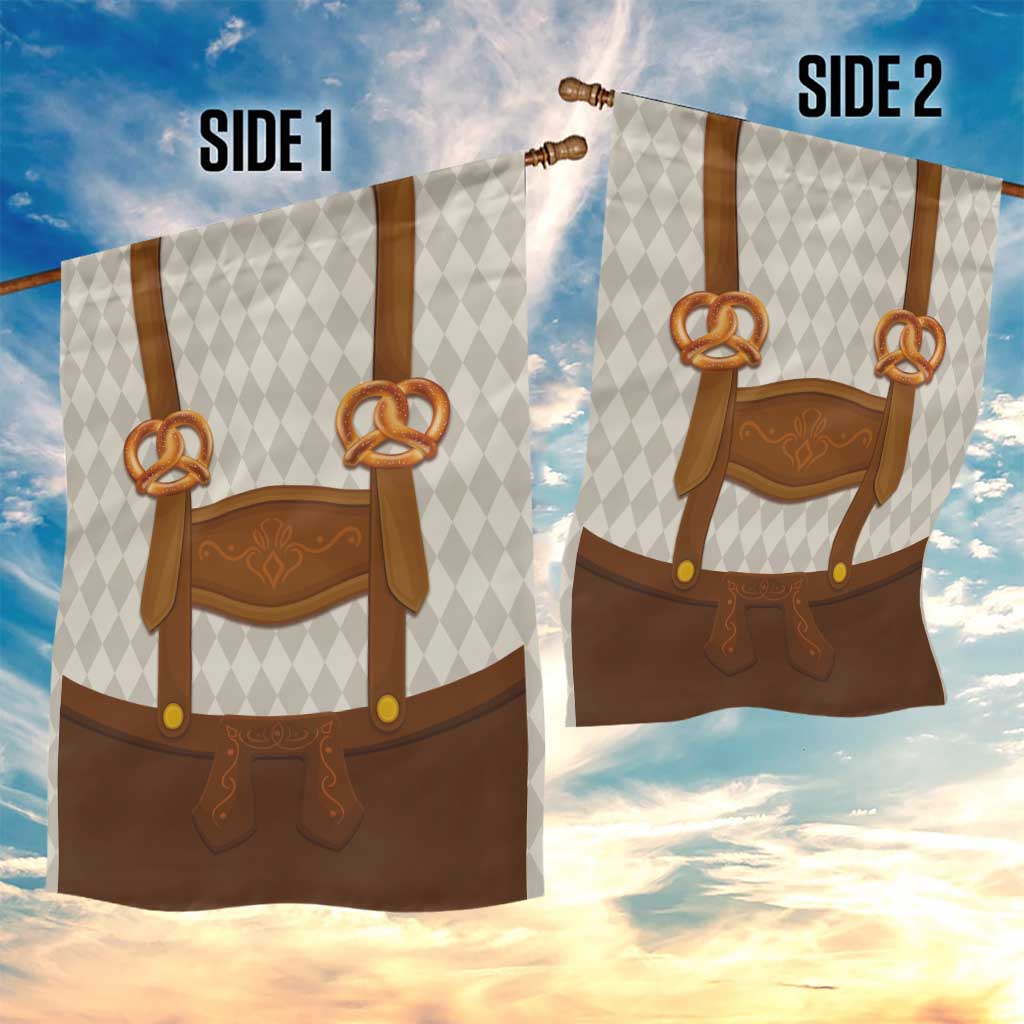 Traditional German Costume - Lederhosen and Soft Pretzel Garden Flag Old Vintage Bavarian Pattern