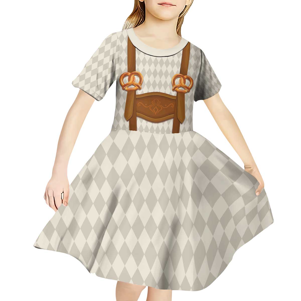Traditional German Costume - Lederhosen and Soft Pretzel Kid Short Sleeve Dress Old Vintage Bavarian Pattern