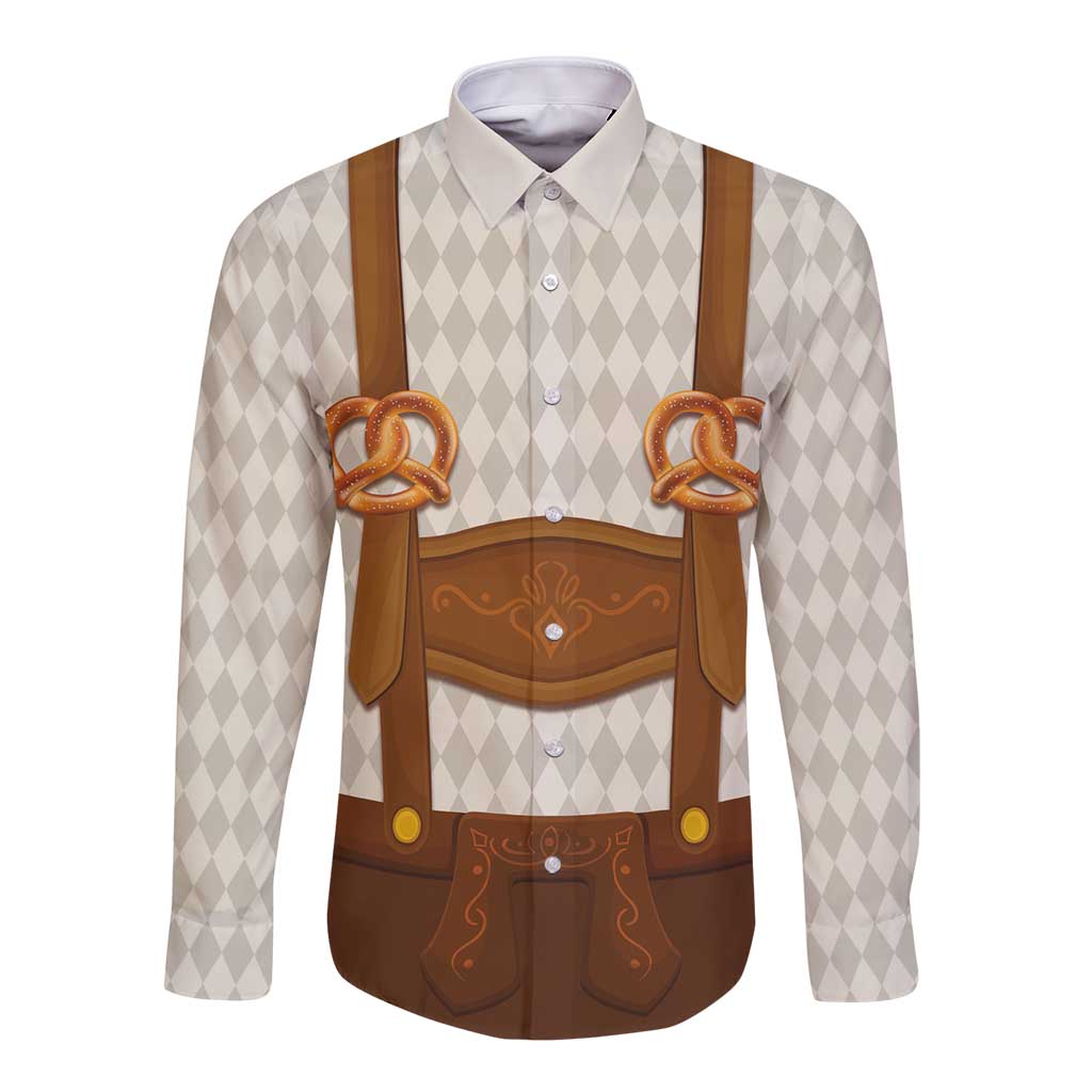 Traditional German Costume - Lederhosen and Soft Pretzel Long Sleeve Button Shirt Old Vintage Bavarian Pattern
