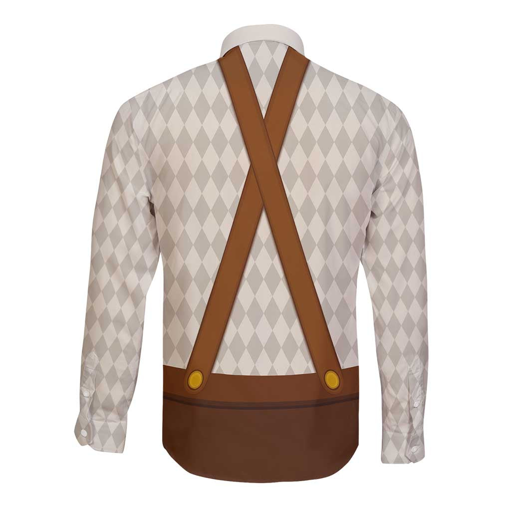 Traditional German Costume - Lederhosen and Soft Pretzel Long Sleeve Button Shirt Old Vintage Bavarian Pattern