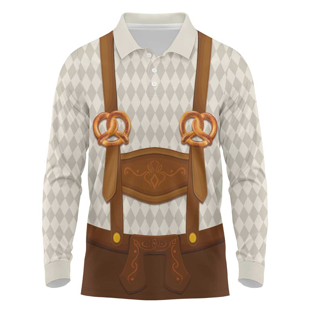 Traditional German Costume - Lederhosen and Soft Pretzel Long Sleeve Polo Shirt Old Vintage Bavarian Pattern
