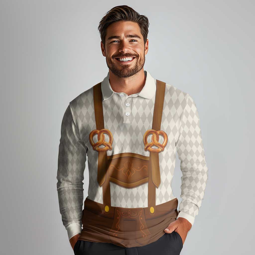 Traditional German Costume - Lederhosen and Soft Pretzel Long Sleeve Polo Shirt Old Vintage Bavarian Pattern