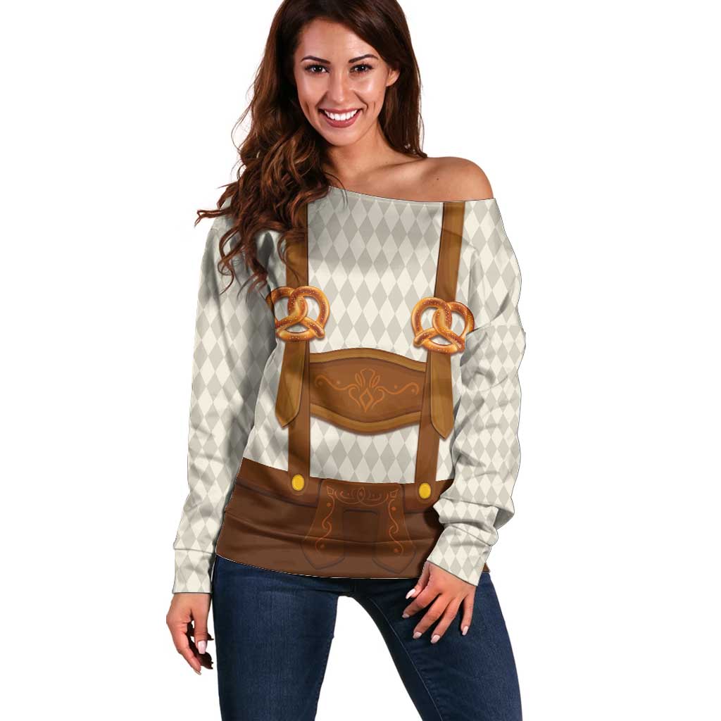 Traditional German Costume - Lederhosen and Soft Pretzel Off Shoulder Sweater Old Vintage Bavarian Pattern