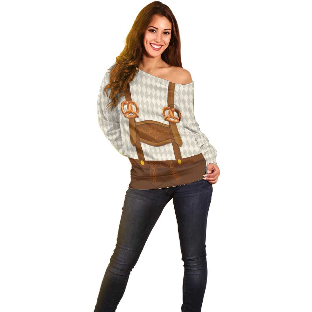 Traditional German Costume - Lederhosen and Soft Pretzel Off Shoulder Sweater Old Vintage Bavarian Pattern