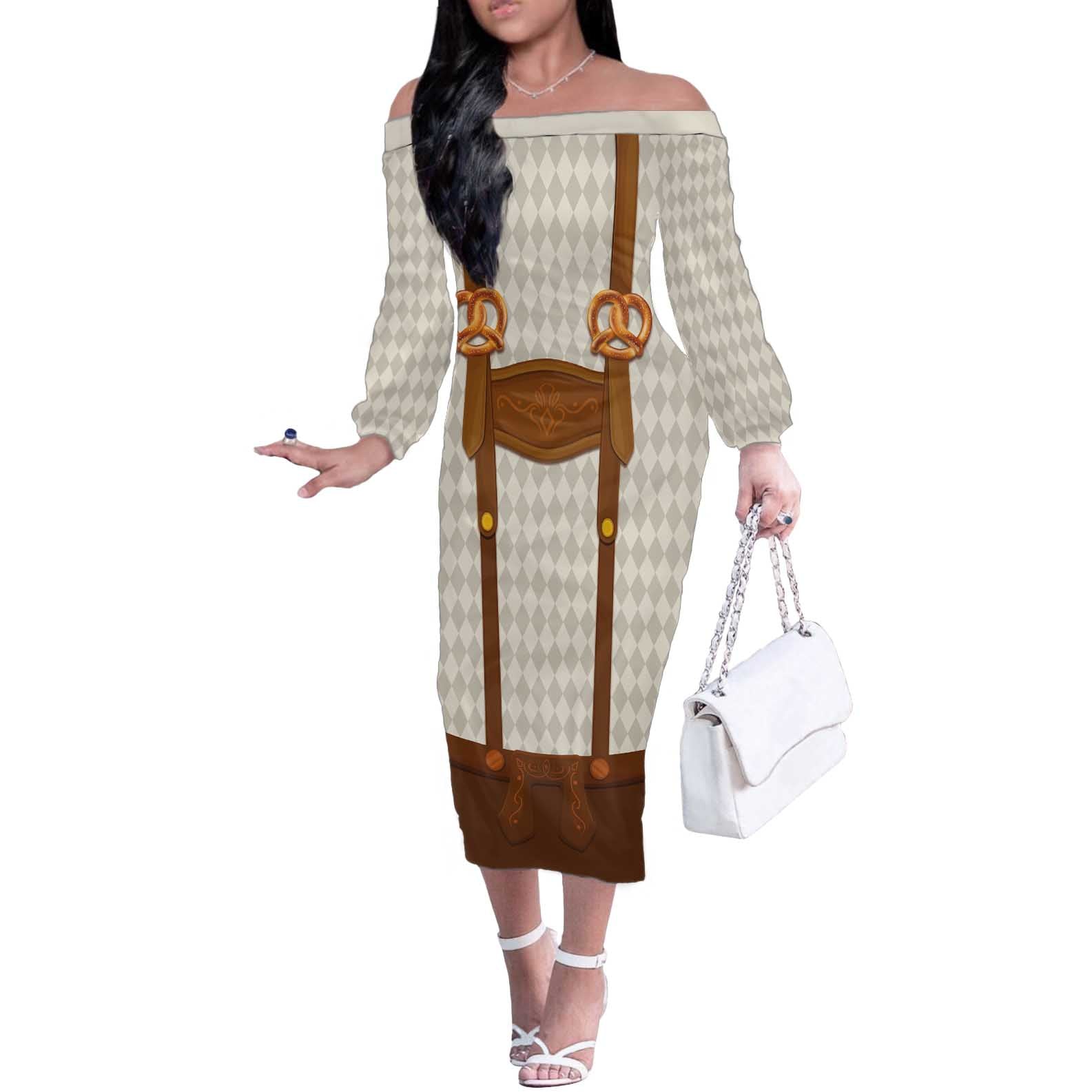 Traditional German Costume - Lederhosen and Soft Pretzel Off The Shoulder Long Sleeve Dress Old Vintage Bavarian Pattern