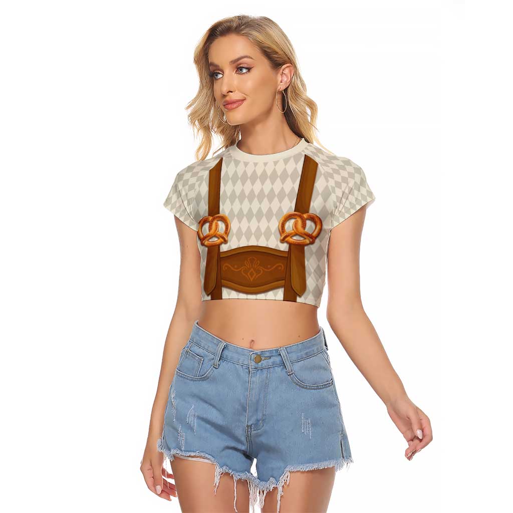 Traditional German Costume - Lederhosen and Soft Pretzel Raglan Cropped T Shirt Old Vintage Bavarian Pattern