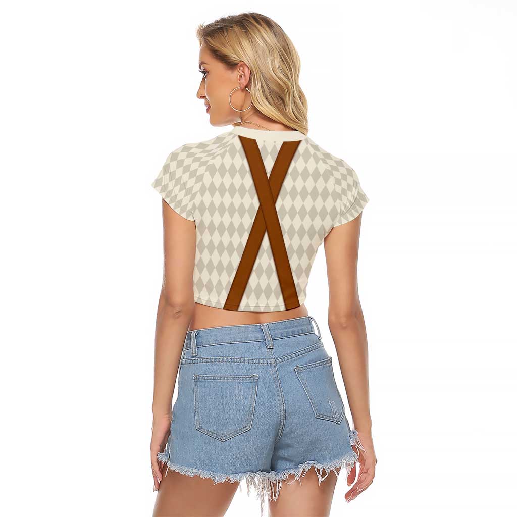 Traditional German Costume - Lederhosen and Soft Pretzel Raglan Cropped T Shirt Old Vintage Bavarian Pattern