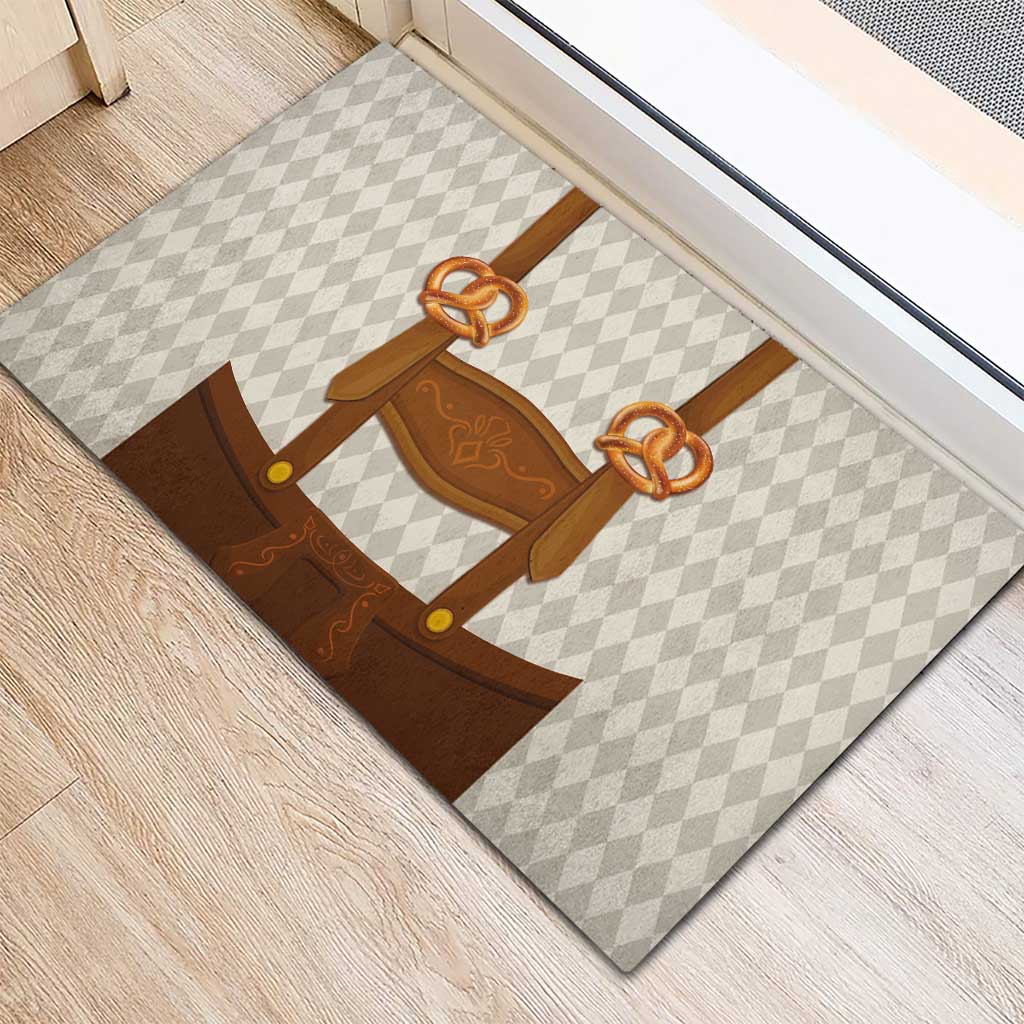 Traditional German Costume - Lederhosen and Soft Pretzel Rubber Doormat Old Vintage Bavarian Pattern