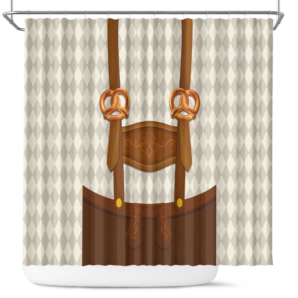 Traditional German Costume - Lederhosen and Soft Pretzel Shower Curtain Old Vintage Bavarian Pattern
