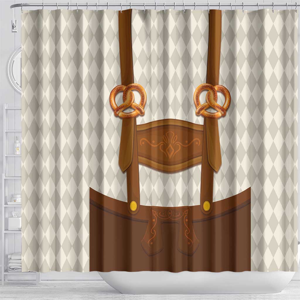 Traditional German Costume - Lederhosen and Soft Pretzel Shower Curtain Old Vintage Bavarian Pattern