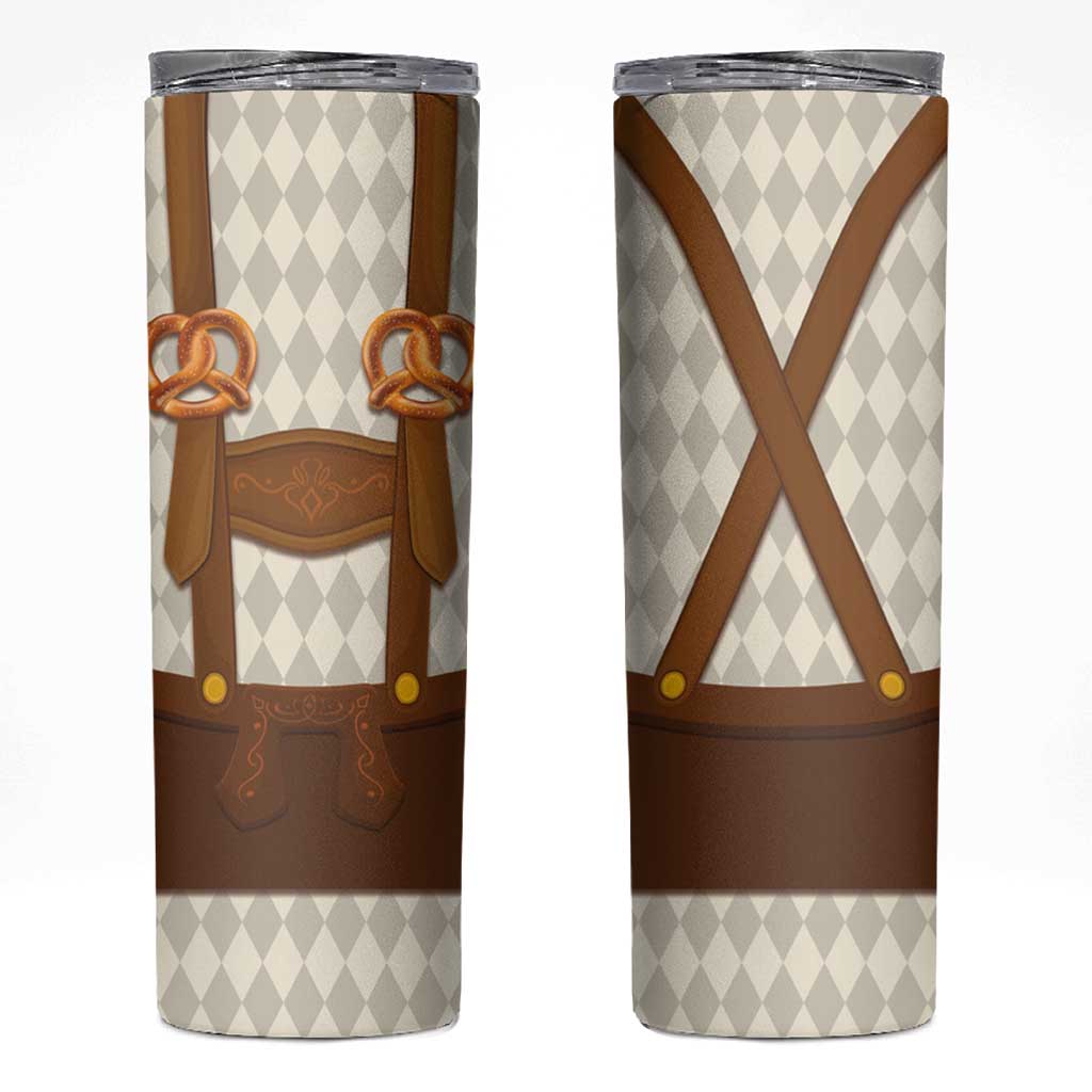 Traditional German Costume - Lederhosen and Soft Pretzel Skinny Tumbler Old Vintage Bavarian Pattern