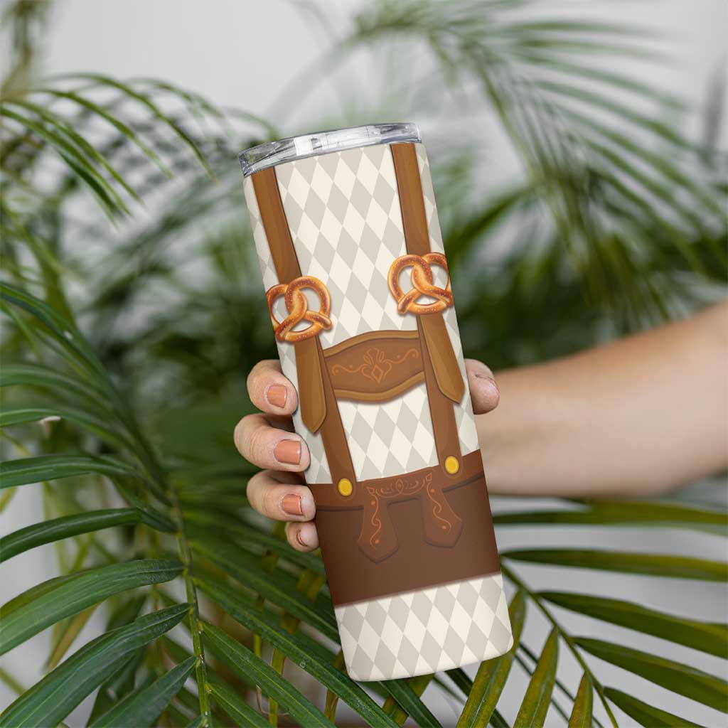 Traditional German Costume - Lederhosen and Soft Pretzel Skinny Tumbler Old Vintage Bavarian Pattern