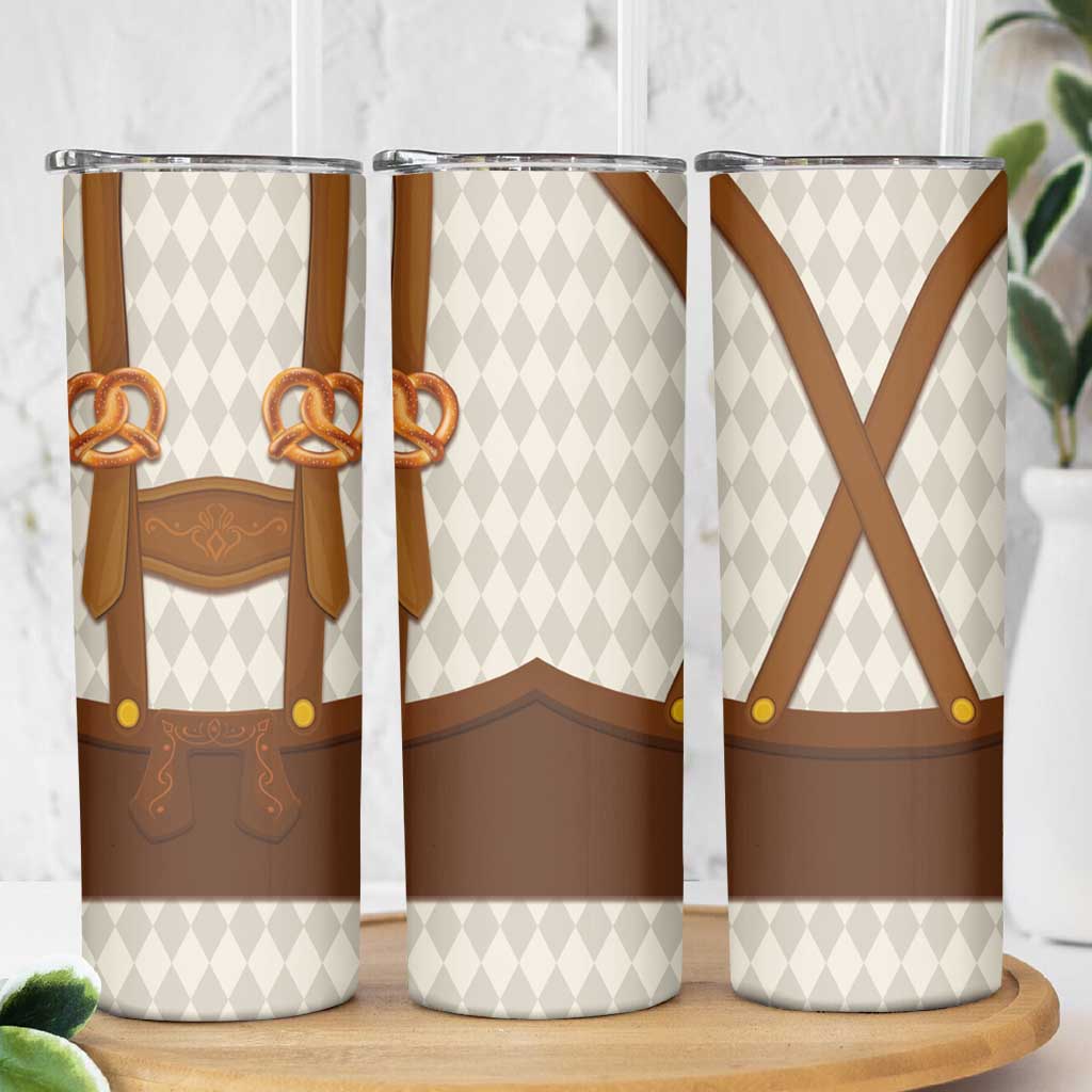 Traditional German Costume - Lederhosen and Soft Pretzel Skinny Tumbler Old Vintage Bavarian Pattern