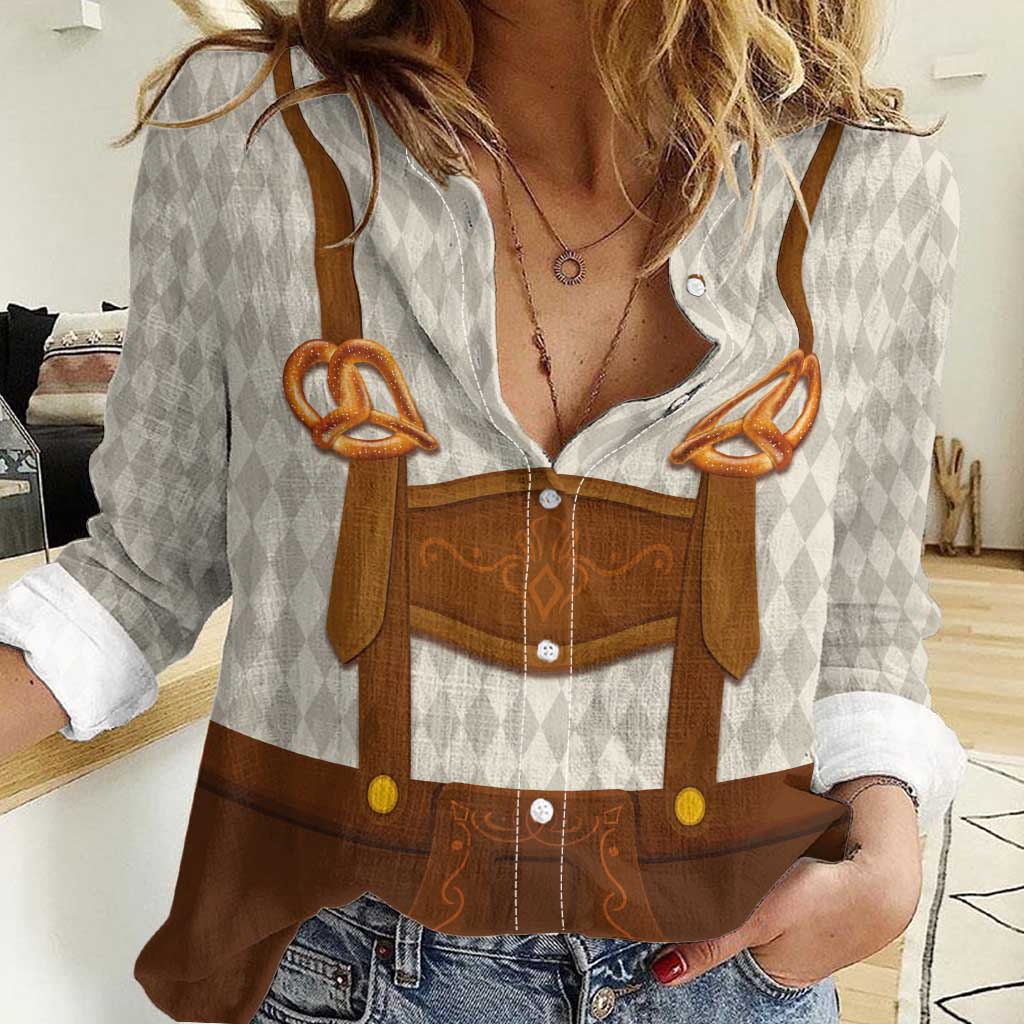 Traditional German Costume - Lederhosen and Soft Pretzel Women Casual Shirt Old Vintage Bavarian Pattern