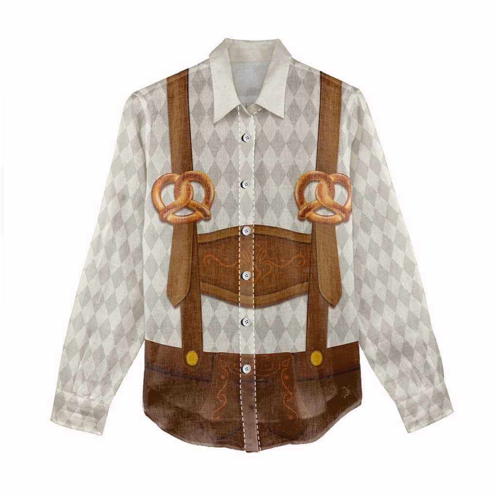 Traditional German Costume - Lederhosen and Soft Pretzel Women Casual Shirt Old Vintage Bavarian Pattern