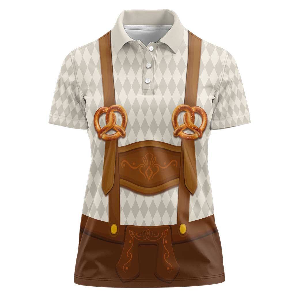 Traditional German Costume - Lederhosen and Soft Pretzel Women Polo Shirt Old Vintage Bavarian Pattern