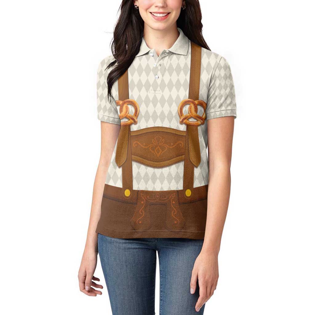 Traditional German Costume - Lederhosen and Soft Pretzel Women Polo Shirt Old Vintage Bavarian Pattern