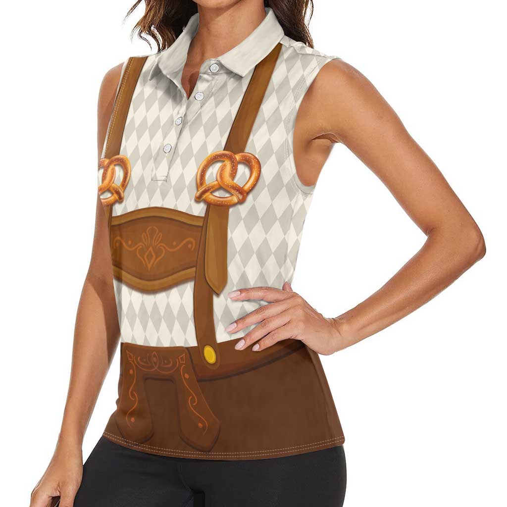 Traditional German Costume - Lederhosen and Soft Pretzel Women Sleeveless Polo Shirt Old Vintage Bavarian Pattern