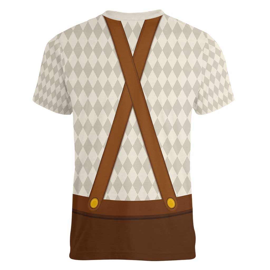 Traditional German Costume - Lederhosen and Soft Pretzel Women V-Neck T-Shirt Old Vintage Bavarian Pattern