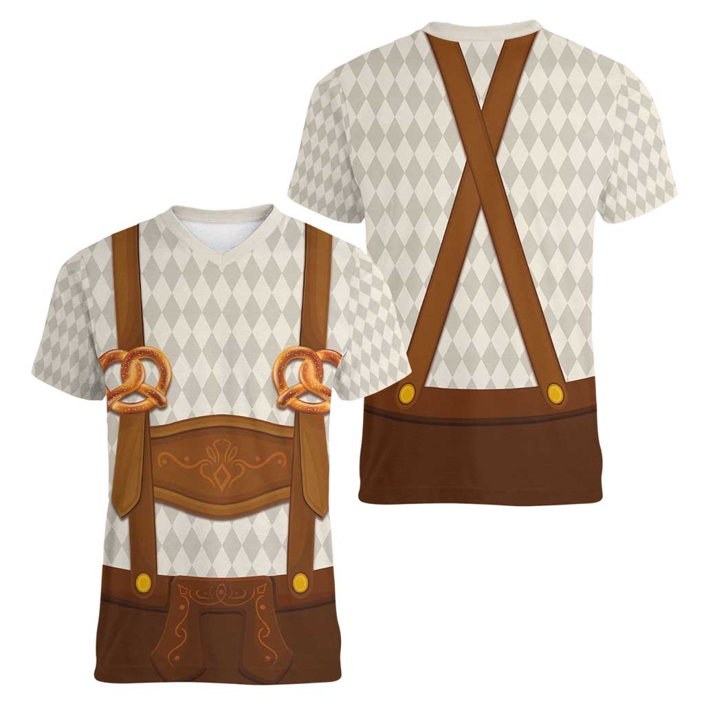 Traditional German Costume - Lederhosen and Soft Pretzel Women V-Neck T-Shirt Old Vintage Bavarian Pattern