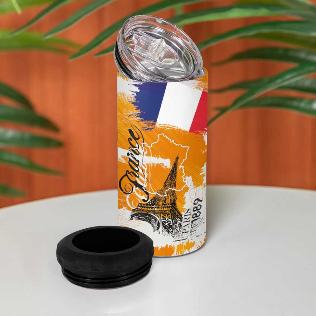 Bastille Day 4 in 1 Can Cooler Tumbler France Typography Art Grunge Style