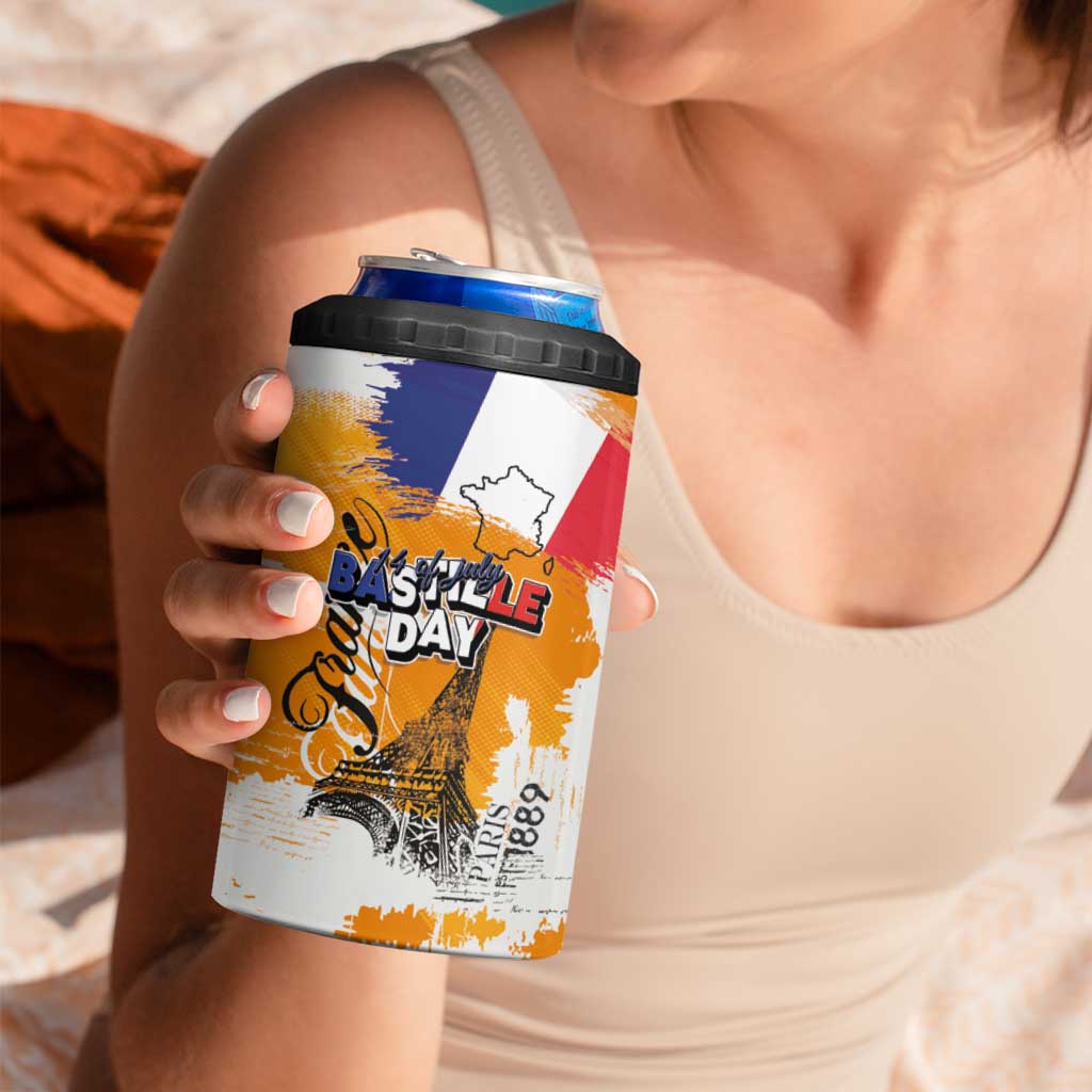 Bastille Day 4 in 1 Can Cooler Tumbler France Typography Art Grunge Style