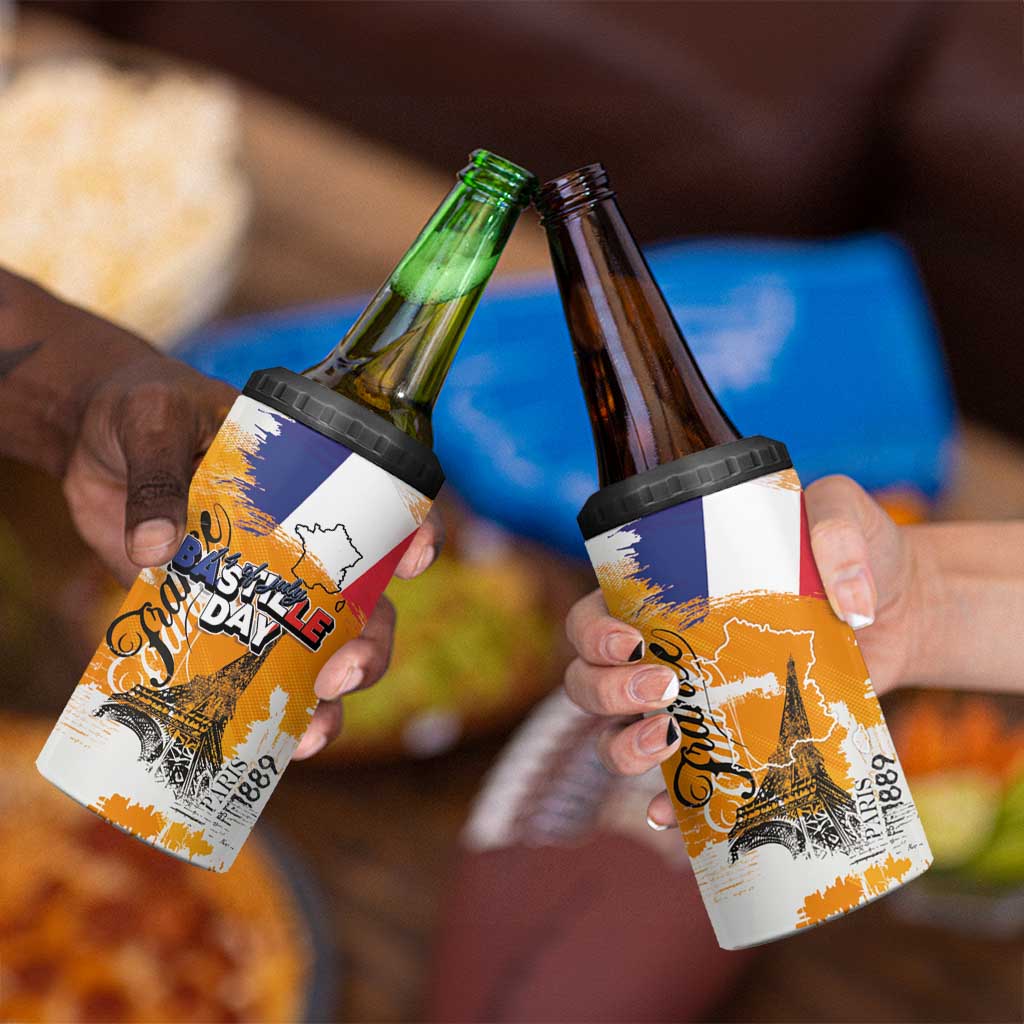 Bastille Day 4 in 1 Can Cooler Tumbler France Typography Art Grunge Style