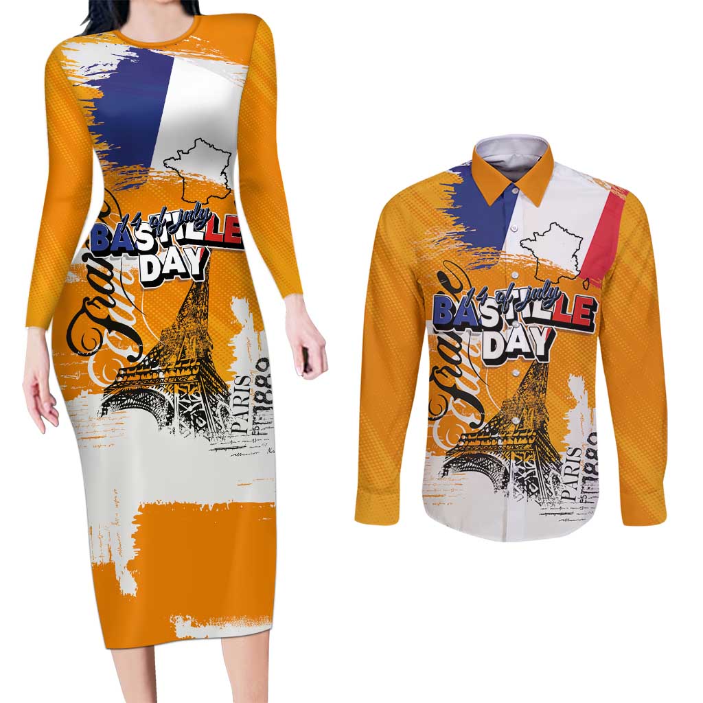 Bastille Day Couples Matching Long Sleeve Bodycon Dress and Long Sleeve Button Shirt France Typography Art Grunge Style