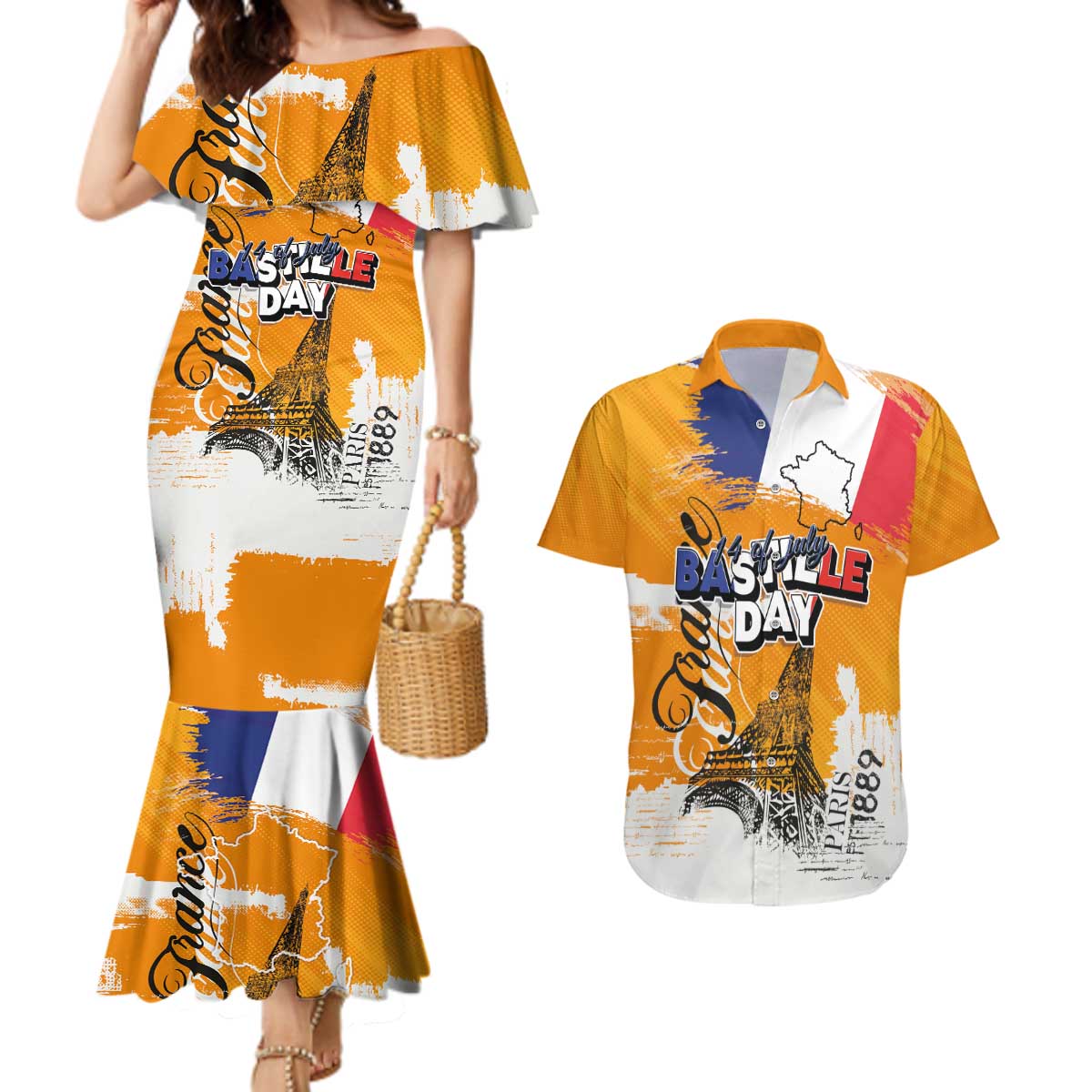 Bastille Day Couples Matching Mermaid Dress and Hawaiian Shirt France Typography Art Grunge Style