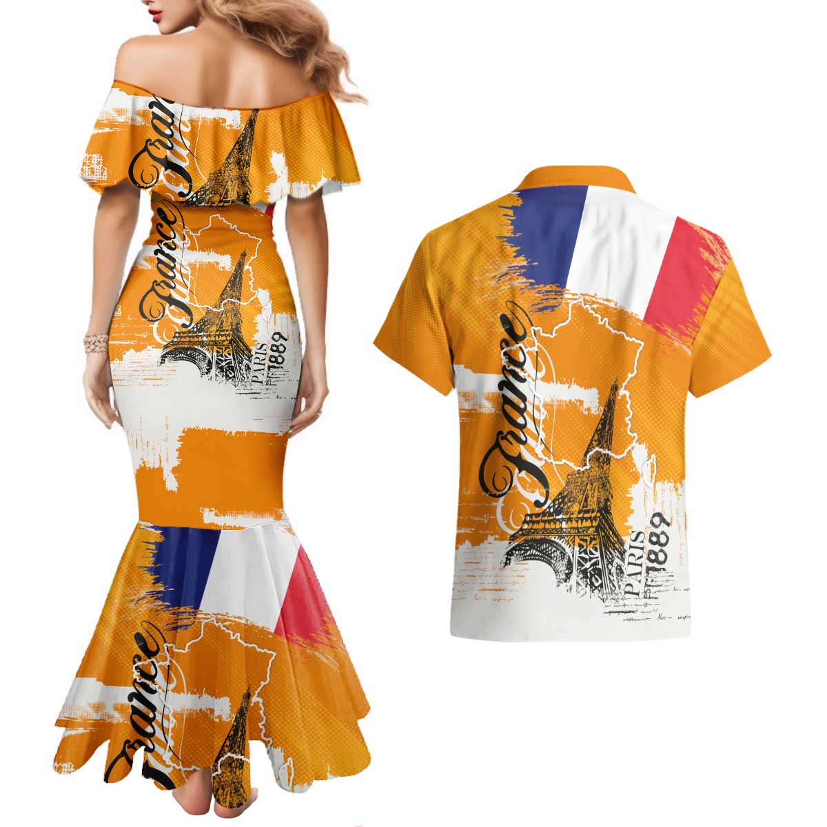 Bastille Day Couples Matching Mermaid Dress and Hawaiian Shirt France Typography Art Grunge Style