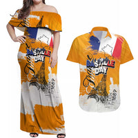 Bastille Day Couples Matching Off Shoulder Maxi Dress and Hawaiian Shirt France Typography Art Grunge Style