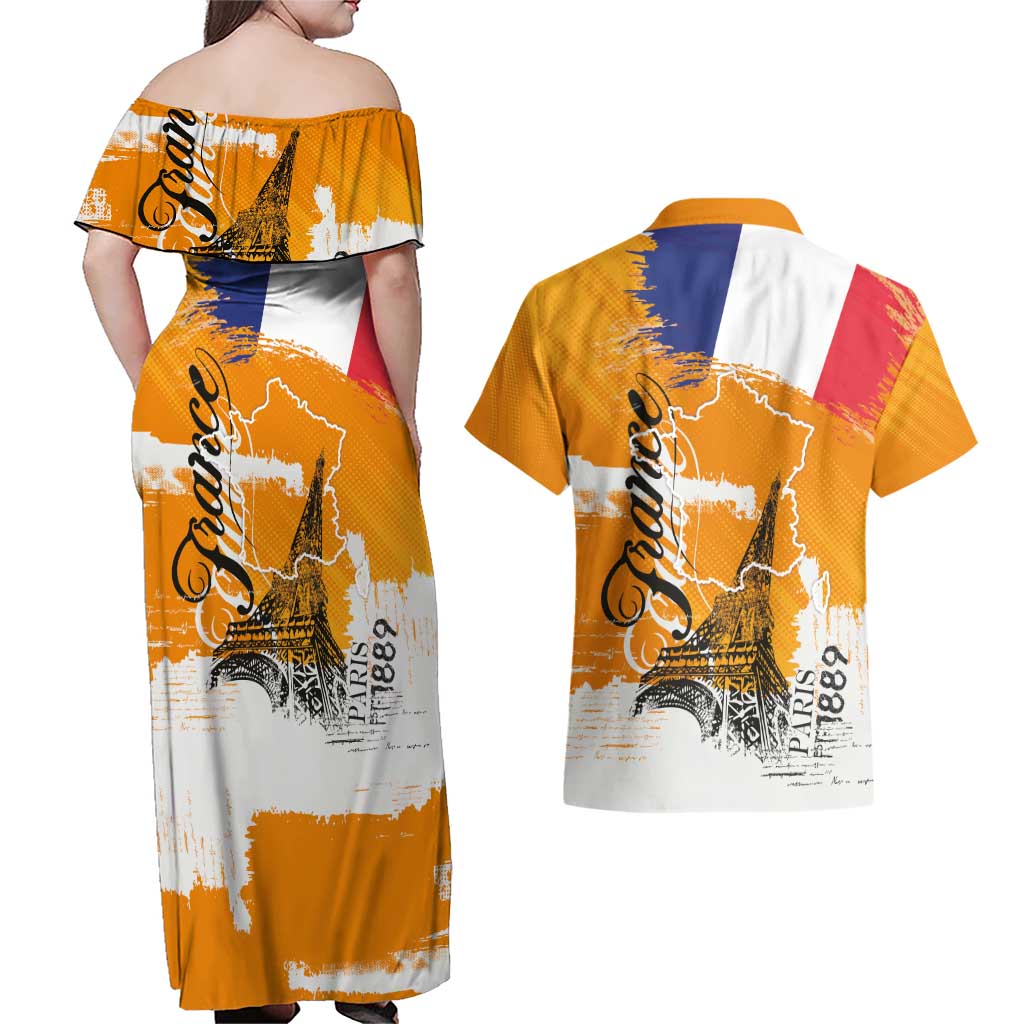 Bastille Day Couples Matching Off Shoulder Maxi Dress and Hawaiian Shirt France Typography Art Grunge Style