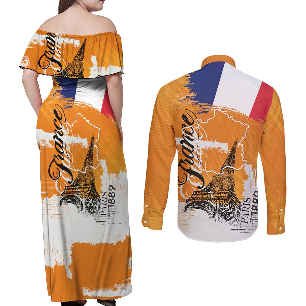 Bastille Day Couples Matching Off Shoulder Maxi Dress and Long Sleeve Button Shirt France Typography Art Grunge Style