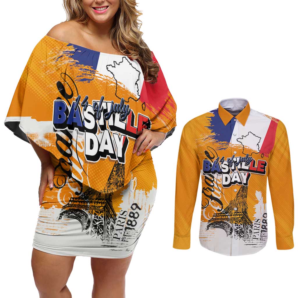 Bastille Day Couples Matching Off Shoulder Short Dress and Long Sleeve Button Shirt France Typography Art Grunge Style