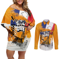 Bastille Day Couples Matching Off Shoulder Short Dress and Long Sleeve Button Shirt France Typography Art Grunge Style