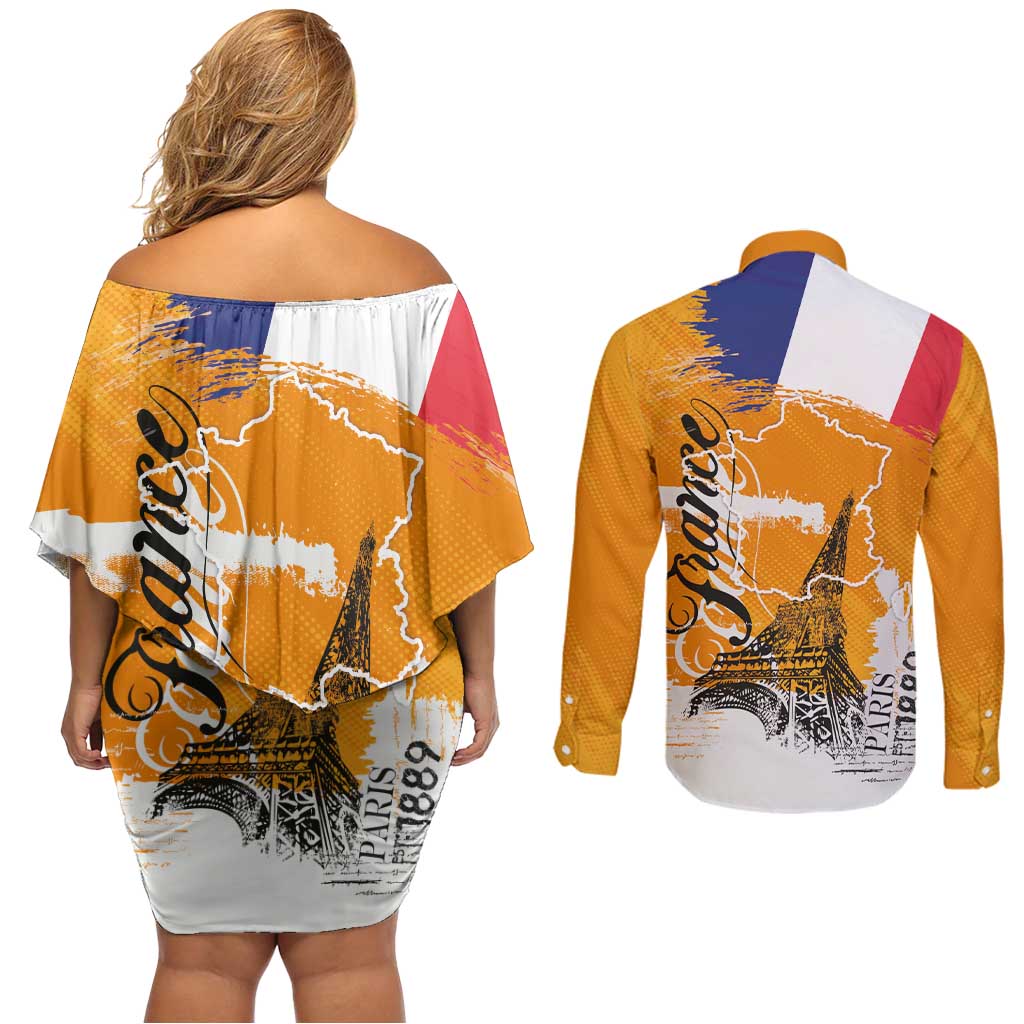 Bastille Day Couples Matching Off Shoulder Short Dress and Long Sleeve Button Shirt France Typography Art Grunge Style