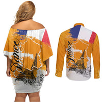 Bastille Day Couples Matching Off Shoulder Short Dress and Long Sleeve Button Shirt France Typography Art Grunge Style
