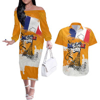 Bastille Day Couples Matching Off The Shoulder Long Sleeve Dress and Hawaiian Shirt France Typography Art Grunge Style