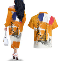 Bastille Day Couples Matching Off The Shoulder Long Sleeve Dress and Hawaiian Shirt France Typography Art Grunge Style