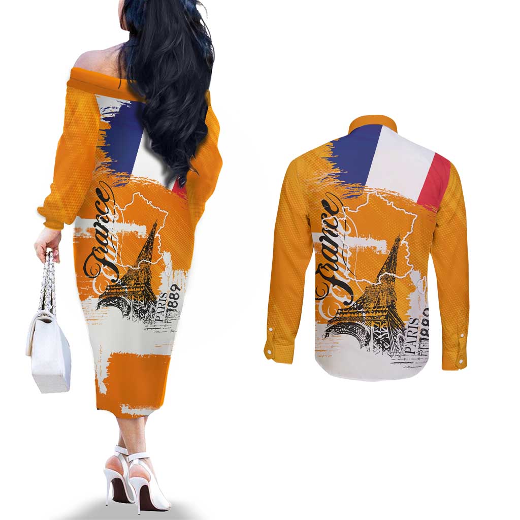 Bastille Day Couples Matching Off The Shoulder Long Sleeve Dress and Long Sleeve Button Shirt France Typography Art Grunge Style