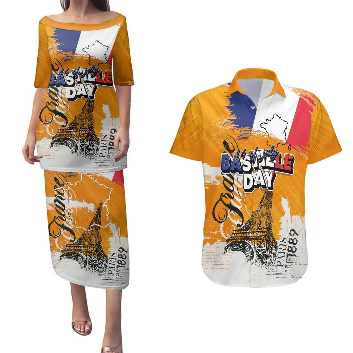 Bastille Day Couples Matching Puletasi and Hawaiian Shirt France Typography Art Grunge Style