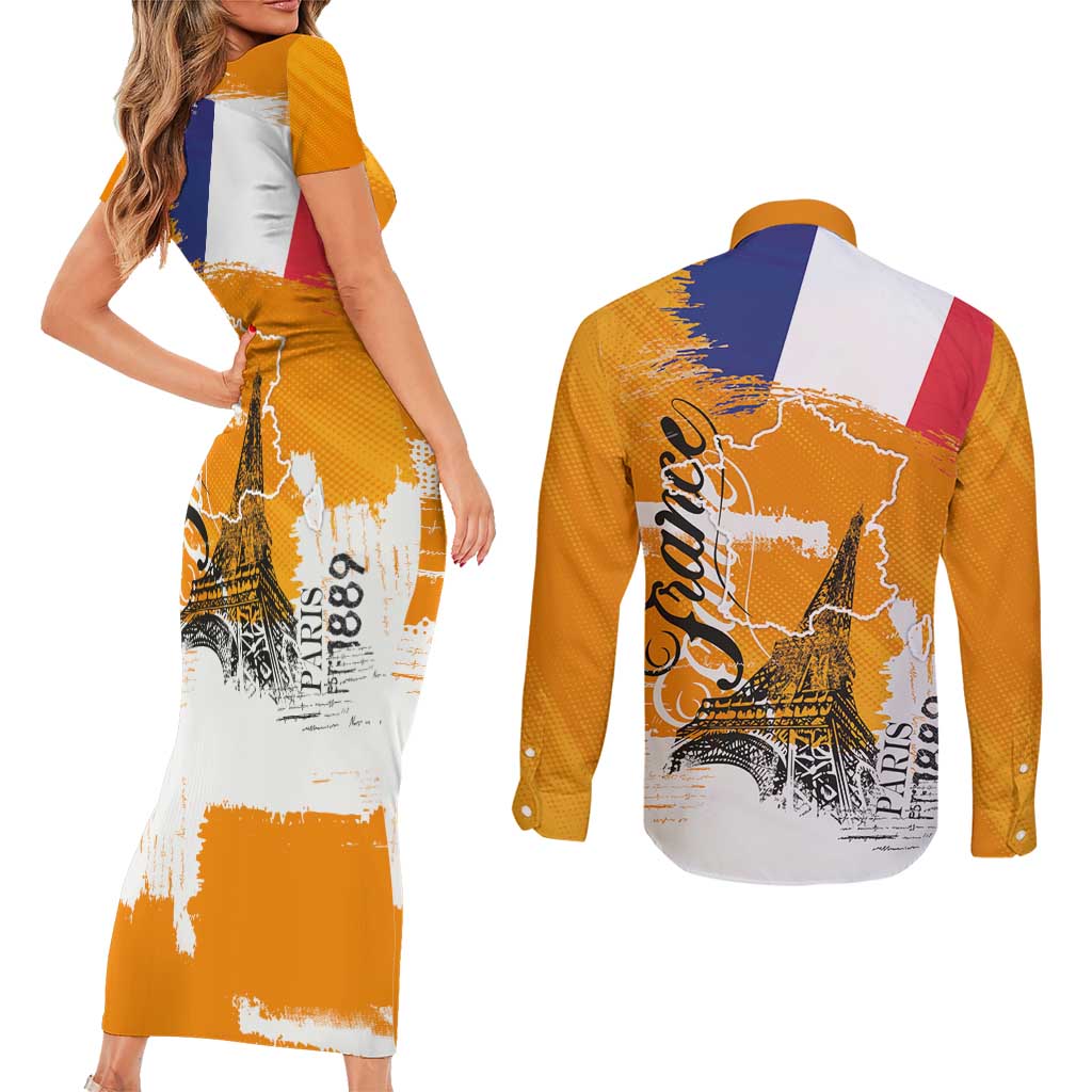 Bastille Day Couples Matching Short Sleeve Bodycon Dress and Long Sleeve Button Shirt France Typography Art Grunge Style