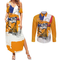 Bastille Day Couples Matching Summer Maxi Dress and Long Sleeve Button Shirt France Typography Art Grunge Style